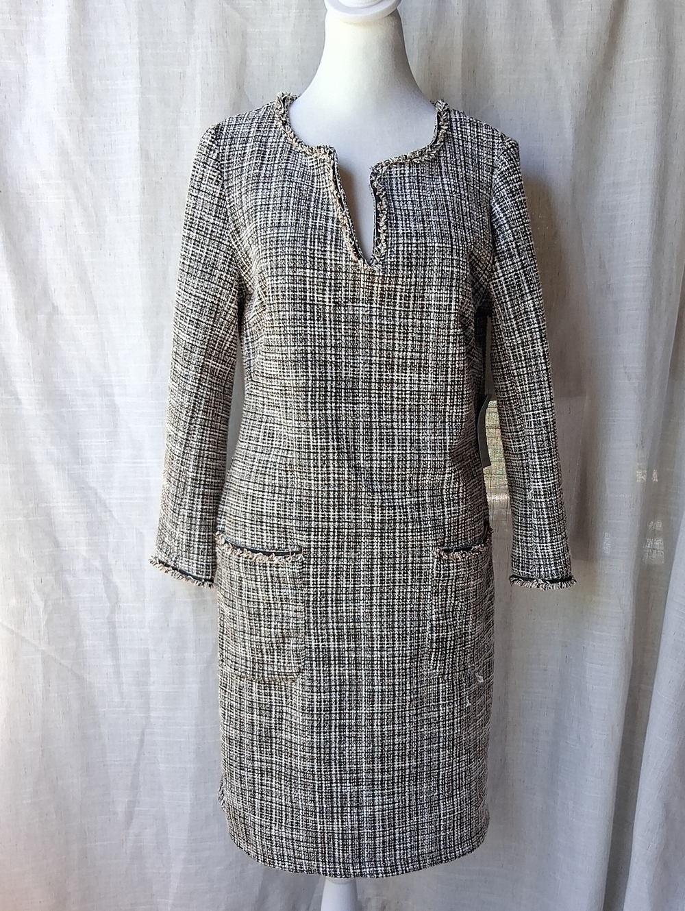 Max Studio Tweed Long Sleeve Shift Dress S Black